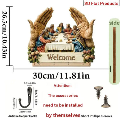 Flat Jesus and Disciples Wall Art Keychain 1 Piece Pack, Exquisite Religious Design with Four Metal Hooks, 10.4"x11.8" Artificial Wood & Metal Frame, Porch Welcome Sign, Farmhouse Style Seasonal Home Decor, Intricate Craftsmanship,Mother's Day gift