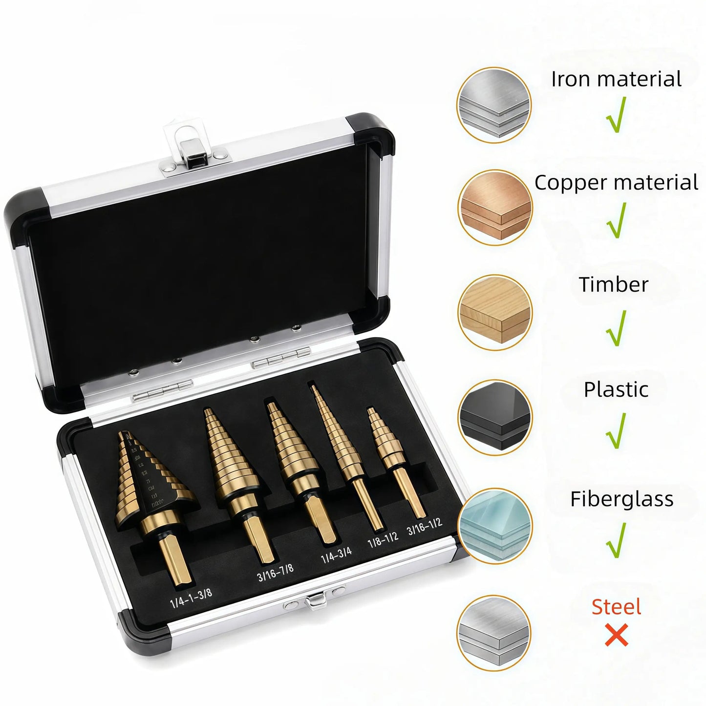 5PCS Titanium Step Drill Bit Set, High Speed Steel Cone Drill Bits 50 Sizes Multi-Hole Cutting Tool, Metal Hole Cutter for Iron Copper Wood Plastic Fiberglass, DIY Industrial Hand Tools, Perfect Father's Day Gift for Dad