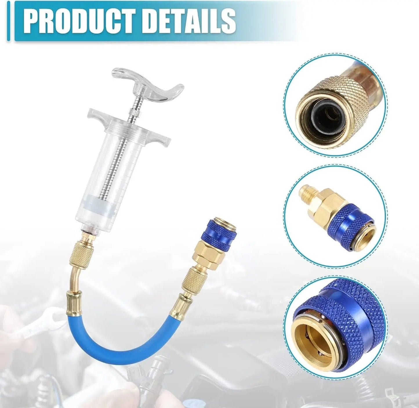 Oil and Dye Injectors Kit 30ml/1 Oz Hand Push Compressor Manual AC Oil Dye Injector with Quick Coupler 1/4 SAE Connector Car HVAC Compressor Oil Dye Injector Refrigerant Tool