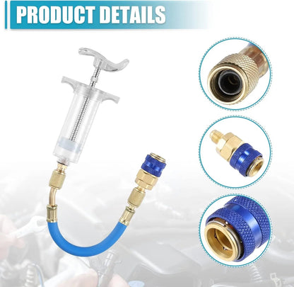 Oil and Dye Injectors Kit 30ml/1 Oz Hand Push Compressor Manual AC Oil Dye Injector with Quick Coupler 1/4 SAE Connector Car HVAC Compressor Oil Dye Injector Refrigerant Tool