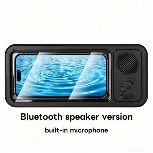 Soporte impermeable para teléfono de ducha con altavoz Bluetooth, rotación 360°, pantalla táctil, caja para teléfono móvil, para ver películas, escuchar música, ambiente veraniego.
