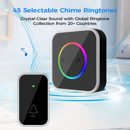 Wireless Doorbell, Easy installation, Waterproof, Adjustable Volume, 45 Chimes, Colorful LED, 1000Ft Range, Black